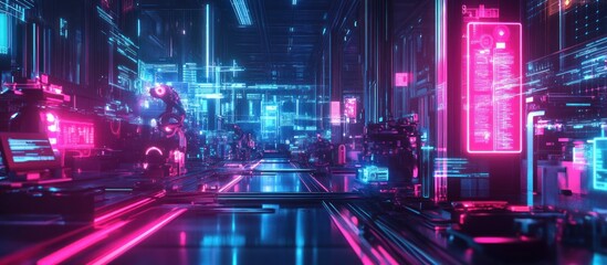 Fototapeta premium Futuristic neon city street with glowing vehicles and digital displays.