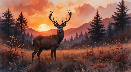Majestic Stag at Sunset: A majestic red deer stands proudly in a serene autumnal landscape, silhouetted against a breathtaking sunset. The image evokes a sense of peace, wilderness.