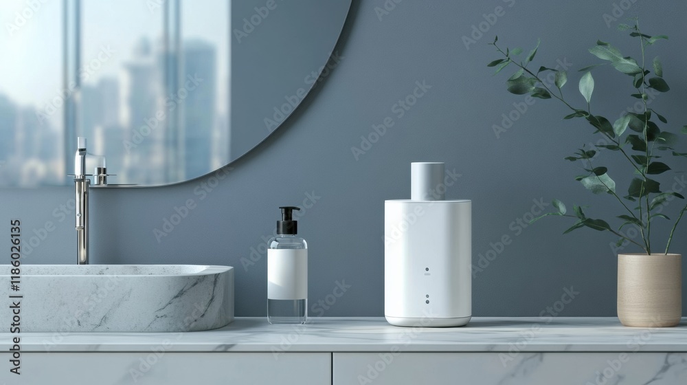 Poster Droplets of sanitizer effectively eliminating bacteria on a bathroom countertop during daytime in a modern setting. Generative AI