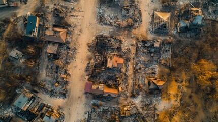 Aerial view of the damage after a forest fire, with rooftops reduced to ashes, charred landscapes, and remnants of destroyed homes