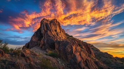 Fototapeta premium Vibrant sunset over a rugged, rocky mountain peak.