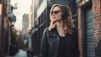 Fototapeta premium Stylish Woman Listening to Music Outdoors in City