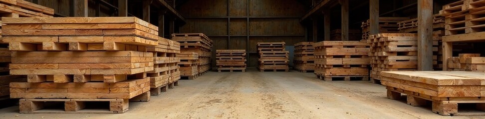Wooden planks piled on wooden pallets in a rustic sawmill, lumber, texture, rustic sawmill