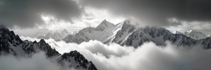 Obraz premium Majestic snow-capped mountains rise above dense clouds. Panoramic view rugged peaks, slopes. Winter landscape. High altitude. Dramatic clouds. Nature beauty. Extreme scenery. Sunny day. Excellent for