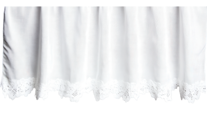 White lace curtain with intricate patterns and scalloped edges.
