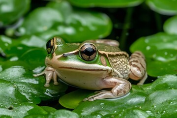 Obraz premium Green and brown frog resting on bright green leaves