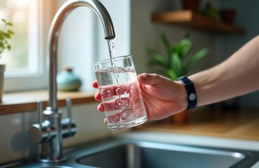 Person fills glass with fresh water from faucet in kitchen. Healthy lifestyle concept. Clean water from filtered tap. Simple act of hydration. Modern kitchen with stylish faucet. Everyday scene of