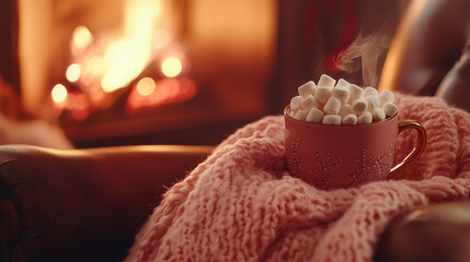 A steaming mug of hot chocolate with marshmallows, nestled in a cozy armchair by a crackling fireplace. A blanket drapes over the chair, with warm browns, creams, and reds evoking cozy comfort