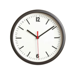 Round wall clock with black and red hands on a white face.