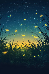 A serene twilight scene with glowing fireflies amidst tall grass under a starry sky.