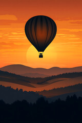 Fototapeta premium A hot air balloon floating over rolling hills at sunset, creating a serene travel scene.