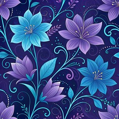 Seamless Abstract Purple and Blue Magical Flowers Pattern Background for Elegant Designs