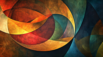 Abstract geometric patterns in shades of blue, yellow, and red, creating a vibrant and dynamic composition of color and form.