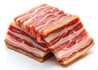 Close-up of Italian pancetta, macro photography showcasing its texture against a pure white backdrop.