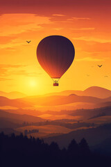 Fototapeta premium A hot air balloon soaring over a scenic landscape at sunset.