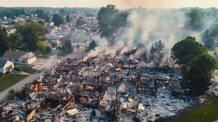 A devastated residential area with multiple homes burned down, scattered debris, and lingering smoke in the air after the fire