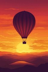 Fototapeta premium A hot air balloon floats against a vibrant sunset over rolling hills.