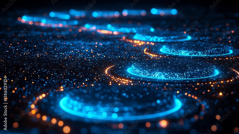 Poster in this vj loop background, neon circle lines zoom into a wormhole in an abstract style