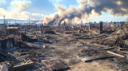 A panoramic view of a city devastated by fire, with blackened buildings, charred ruins, and plumes of smoke rising into the sky, illustrating widespread destruction