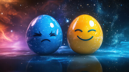 Two spheres, one blue with a sad face emoji and the other yellow with a happy face emoji, set against a background of space