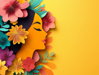 Poster Wallpaper for International Women's Day with design of a strong but feminine woman surrounded with flowers in papercut style. Copy space provided