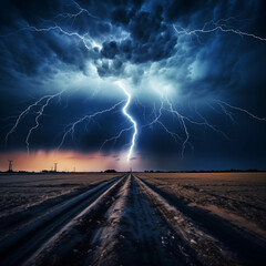 Lightning Strike over Rural Road Dramatic Storm Cloudscape