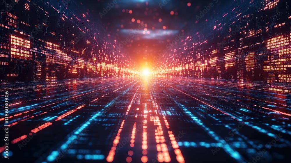 Wall mural futuristic digital highway with glowing data streams.