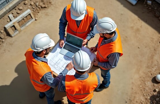 Construction site team reviews blueprints on laptop. Engineers wear safety vests, hard hats. Discuss project plans together. Group works on development of building structure. Teamwork key to
