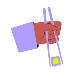 Hand Holding Chopsticks With Sushi In Flat Vector Illustration Symbolizing Japanese Cuisine, Asian Food, And Dining Culture, Isolated On White Background.