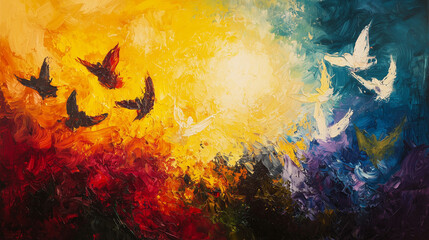 The Beatitudes expressed through abstract expressionism, using bold colors, dynamic brushstrokes, and expressive forms to convey the deep emotions and spiritual messages of love, humility, and hope © Photo by mQ