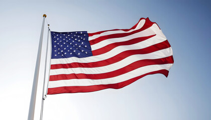 Obraz premium USA waving flag isolated on white & sky background.