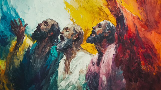 The Beatitudes expressed through abstract expressionism, using bold colors, dynamic brushstrokes, and expressive forms to convey the deep emotions and spiritual messages of love, humility, and hope