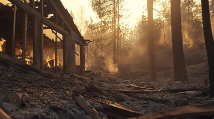 Close-up of a burnt house with collapsed walls and blackened beams, surrounded by ash and remnants of a forest fire destruction