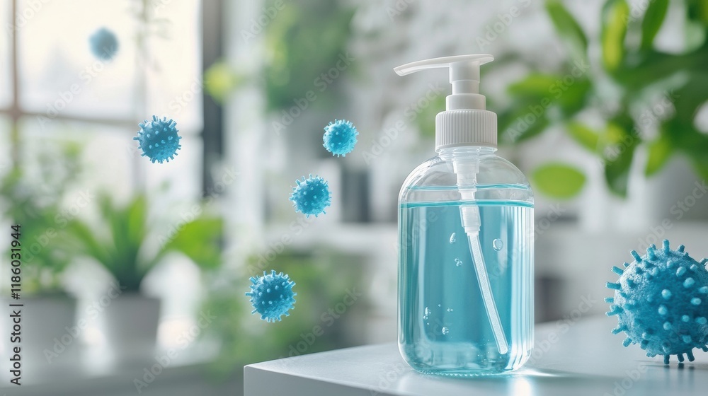 Aufkleber droplets of sanitizer actively eliminating bacteria in a modern indoor setting surrounded by greener