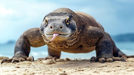 Obraz premium Komodo dragon sticking out tongue on the beach