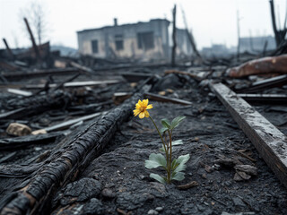 A flower as a symbol of resistance against the background of destruction