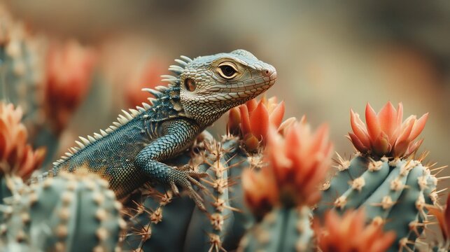 Mountain horned dragon resting on blooming cactus in natural habitat