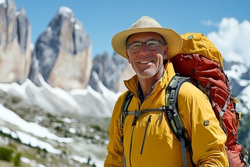 Naklejka premium A content, full-grown man with a backpack positioned atop a mountain
