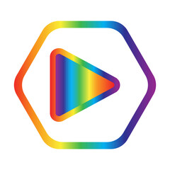 multicolored play button on a bflo background in a hexagon