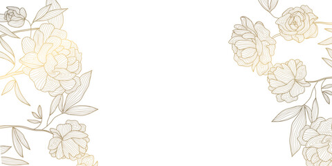 Vector line art golden peonies, japanese style luxury background, royal elegant flowers frame, background, wedding invitation, vintage elements
