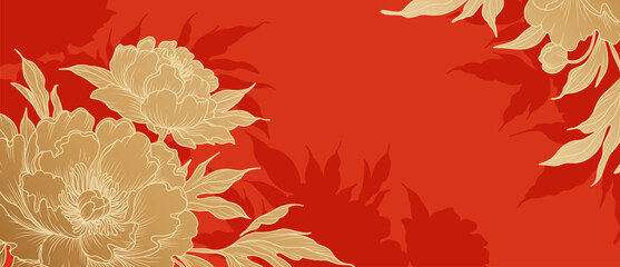 Luxury floral red background with golden Peony flowers. Floral pattern for Chinese New Year. Asian Lunar New Year holiday. Vector for card, banner, cover, wallpaper, packaging, advertising © Feodora_21