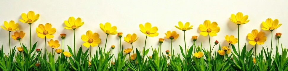 Fototapeta premium Yellow flowers cosmos with long stems in a grass arrangement flat lay, garden, grass, flowers