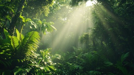 Fototapeta premium Sunbeams pierce dense jungle foliage.
