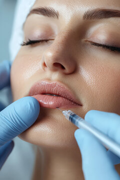 Femme recevant une injection de botox dans la l&egrave;vre par un professionnel