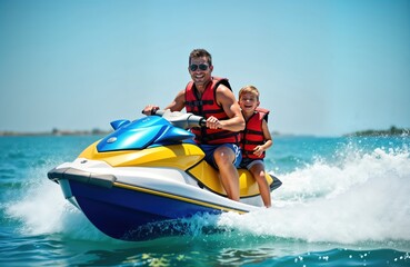 Happy family enjoys a summer vacation on a jet ski. Father and son have fun on the water. They are wearing life vests. Image captures joy and excitement. Summer vacation activity.