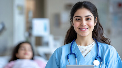 Pakistani nurse doctor woman in medical coat with tablet take care girl patient