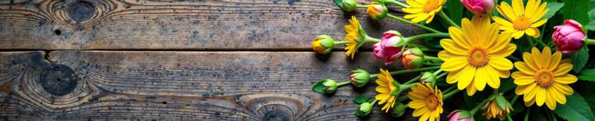 Yellow petals and slender stems amidst a wildflower bouquet on a weathered wooden plank, nature, Europe, flowers