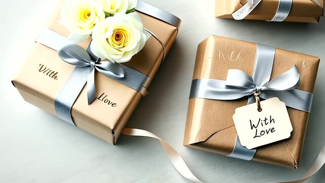 Parcel with Ribbon and Tag Surrounded by Packing Materials