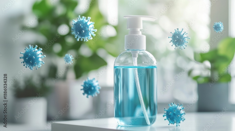 Poster Droplets of sanitizer efficiently neutralizing bacteria in a clean indoor space during daylight hours. Generative AI