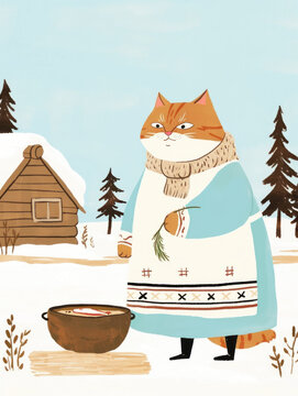 cozy cat in winter attire cooks outdoors near cabin in snowy forest